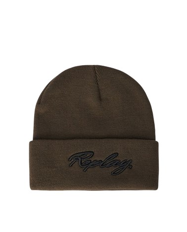 Replay zelena unisex pletena kapa s izvezenim logotipom na rubu
