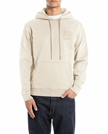 Replay bež pamučni sweatshirt s kapuljačom i izvezenim replay natpisom