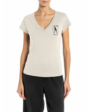 Replay bijela majica s v izrezom i natpisom girls club