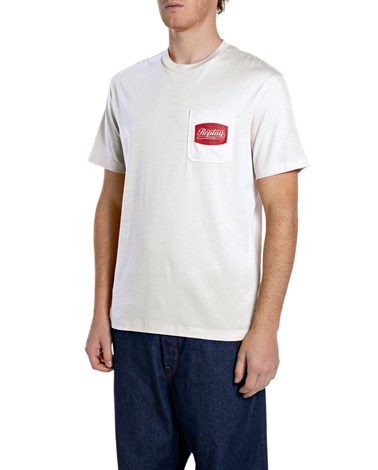 Replay bijela pamučna majica s džepom i vintage logotipom