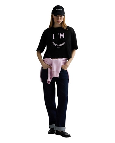 Replay crna kraća majica s printom i'm fine