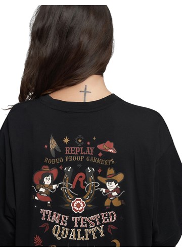 Replay CRNA MAJICA BOYFIT KROJA S WESTERN PRINTOM - 6