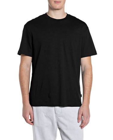 Replay crna majica od lana i pamuka s džepićem