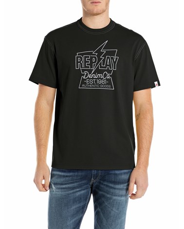 Replay crna majica s printom munje i natpisom replay denim