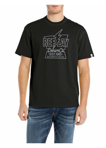 Replay CRNA MAJICA S PRINTOM MUNJE I NATPISOM REPLAY DENIM - 1