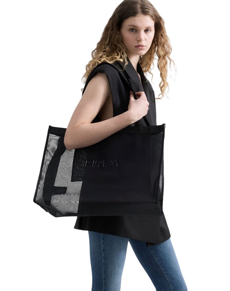 Replay CRNA MREŽASTA SHOPPER TORBA S NATPISOM - 4