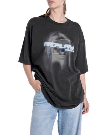 Replay crna oversize majica s futurističkim printom