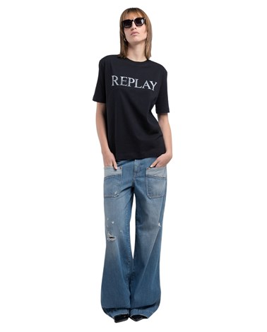 W3379B 20994 Replay crna pamučna majica s replay natpisom Replay crna pamučna majica s replay natpisom