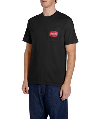 Replay crna pamučna majica s džepom i vintage logotipom