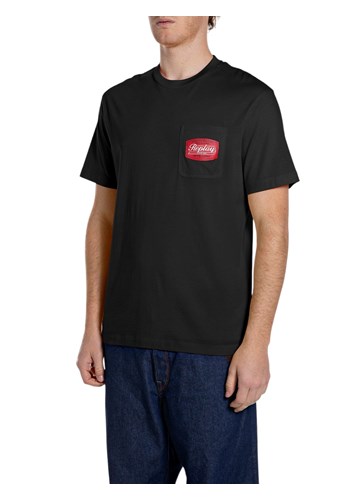 Replay CRNA PAMUČNA MAJICA S DŽEPOM I VINTAGE LOGOTIPOM - 1