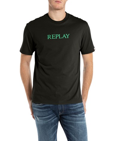 Replay crna pamučna majica s kontrastnim replay natpisom