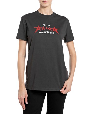 Replay crna pamučna majica s printom zvijezda i natpisom