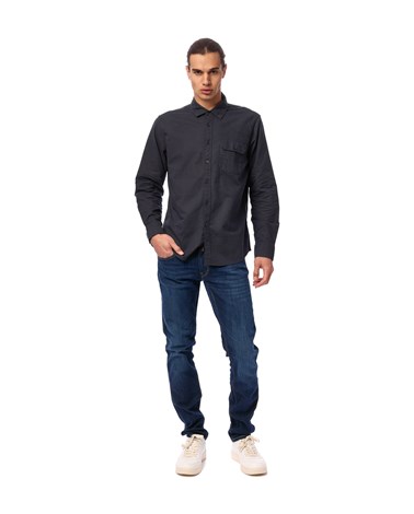 Replay tamno plava slim fit košulja od mješavine pamuka i lana