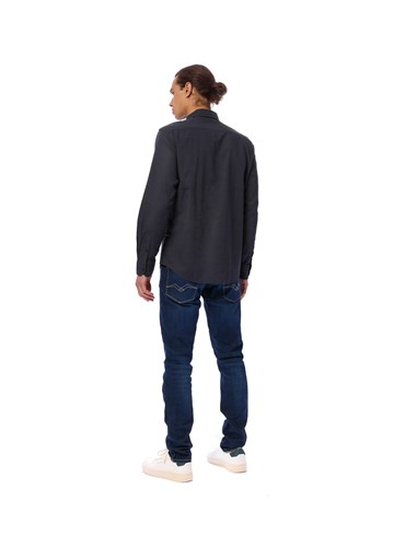Replay TAMNO PLAVA SLIM FIT KOŠULJA OD MJEŠAVINE PAMUKA I LANA - 4