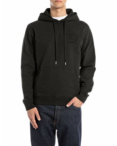 Replay crni pamučni sweatshirt s kapuljačom i izvezenim replay natpisom