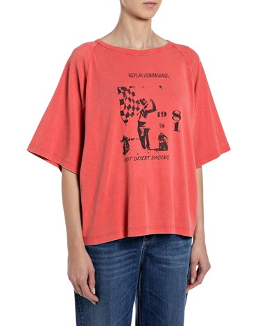 Replay crvena šira majica s grafičkim printom