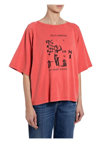 Replay CRVENA ŠIRA MAJICA S GRAFIČKIM PRINTOM - 1