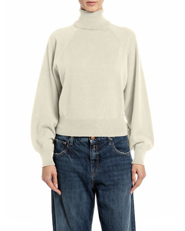 Replay bijeli oversized pleteni džemper s visokim ovratnikom i puf rukavima