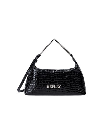 Replay crna lakirana torbica s kroko efektom i metalnim ručkama