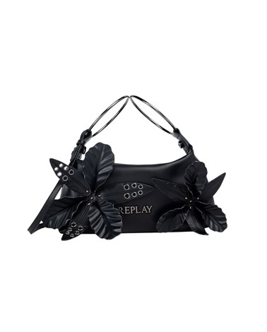 Replay crna torbica s kožnim cvjetnim aplikacijama i metalnim ručkama