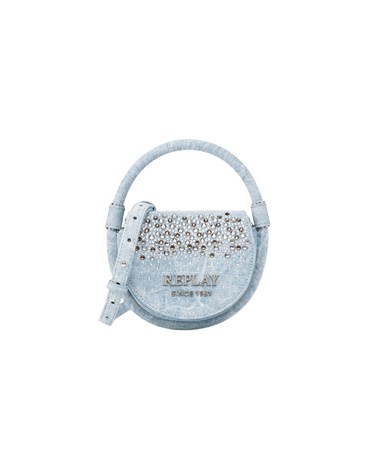 Replay mini denim okrugla torbica s kristalima i fiksnom ručkom