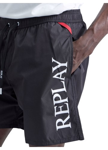 Replay CRNE KUPAĆE HLAČE OD RECIKLIRANE TKANINE S PRINTOM LOGOTIPA - 5