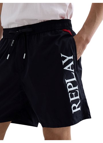 Replay TAMNO PLAVE KUPAĆE HLAČE OD RECIKLIRANE TKANINE S PRINTOM LOGOTIPA - 7