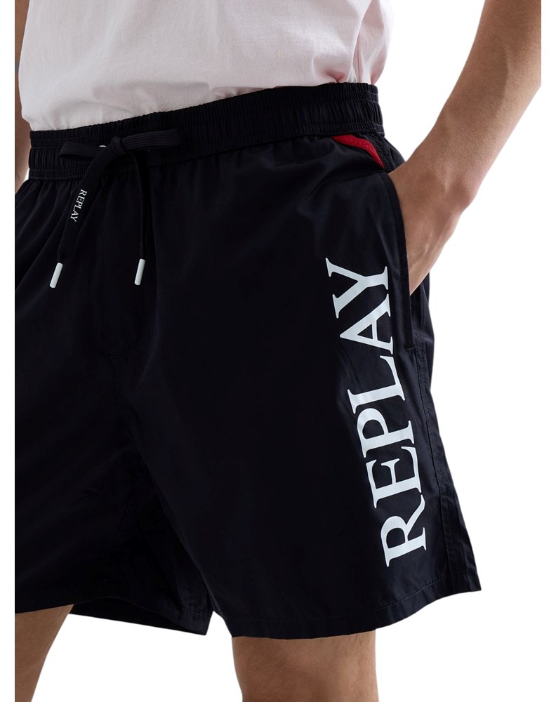 Replay TAMNO PLAVE KUPAĆE HLAČE OD RECIKLIRANE TKANINE S PRINTOM LOGOTIPA - 7