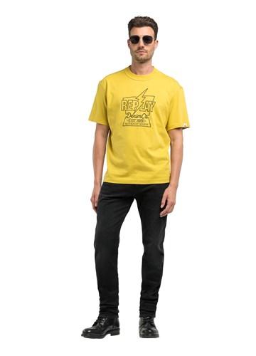 Replay ŽUTA MAJICA S PRINTOM MUNJE I NATPISOM REPLAY DENIM - 1
