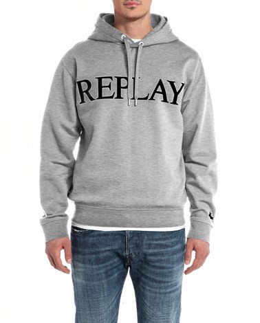 Replay sivi sweatshirt s kapuljačom i maxi natpisom replay