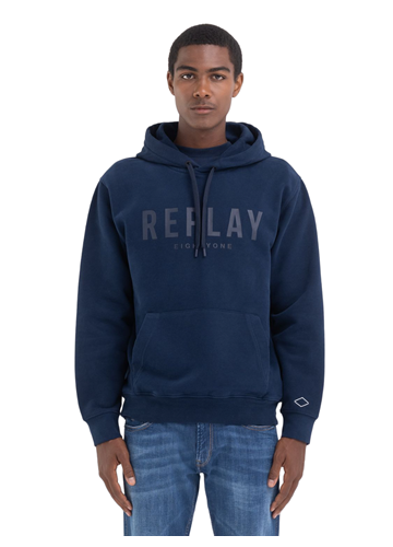 Replay TAMNO PLAVA HOODIE MAJICA S REPLAY NATPISOM U ISTOJ BOJI  - 3