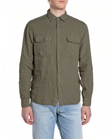 Replay maslinastozelena lanena košulja regularnog kroja