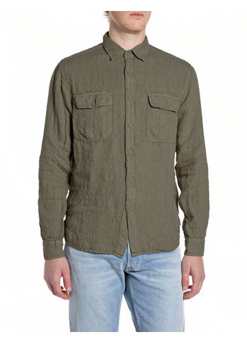 Replay MASLINASTOZELENA LANENA KOŠULJA REGULARNOG KROJA - 1