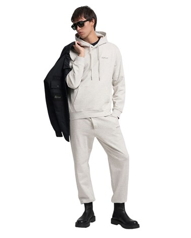Replay melange sivi sweatshirt s izvezenim natpisom i kapuljačom