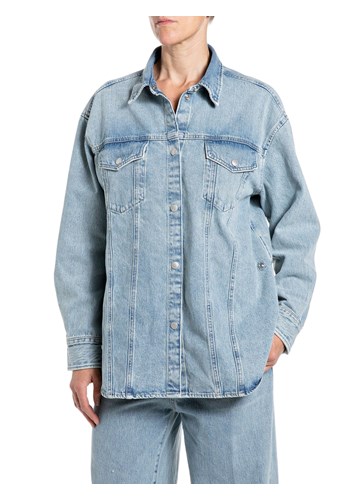 Replay OVERSIZED DENIM KOŠULJA U ISPRANOJ PLAVOJ BOJI - 3