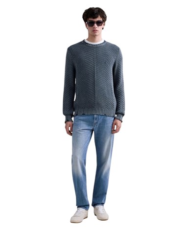 Replay plavi pamučni pulover s poderotinama