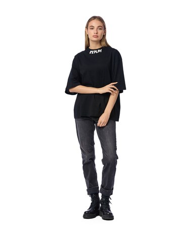 Replay crna majica kratkih rukava s natpisom na ovratniku