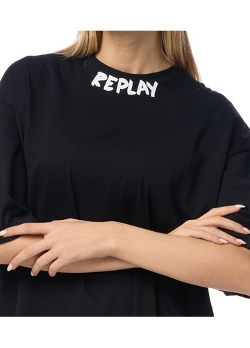 Replay CRNA MAJICA KRATKIH RUKAVA S NATPISOM NA OVRATNIKU - 5