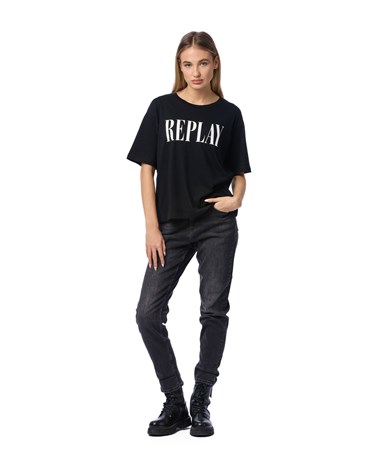 Replay crna majica spuštenih ramena s maxi printom