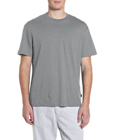 Replay siva majica od lana i pamuka s džepićem