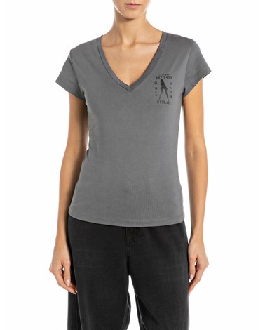 Replay siva majica s v izrezom i natpisom girls club