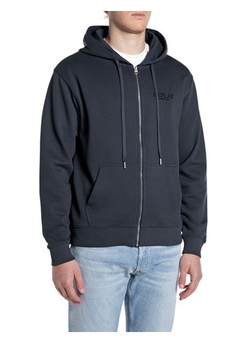 Replay TAMNOPLAVA MAJICA OD FROTIRA S KAPULJAČOM I ZATVARAČEM - 1