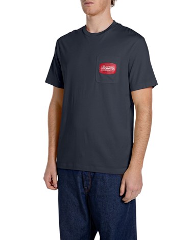 Replay tamnoplava pamučna majica s džepom i vintage logotipom