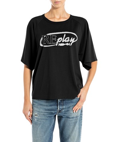 Replay crna oversized majica kratkih rukava s natpisom replay
