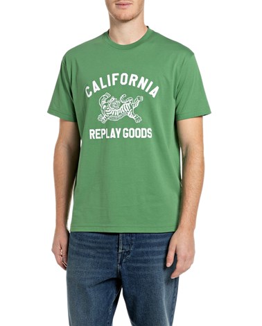 Replay zelena pamučna majica s natpisom california replay goods